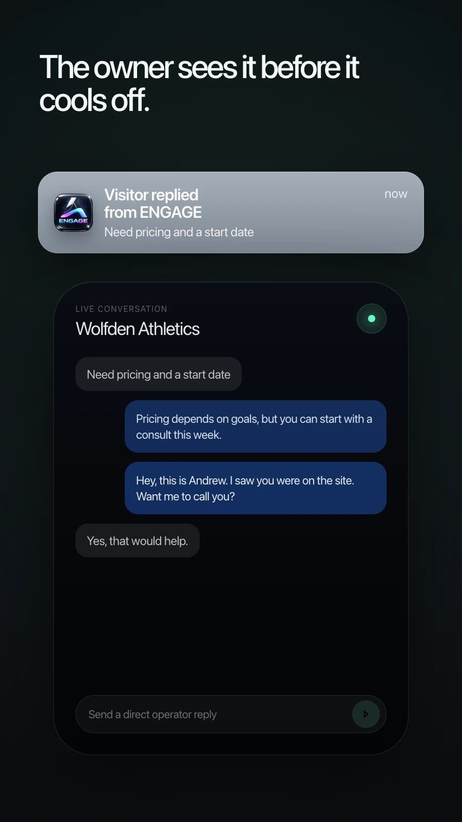 Mobile operator view showing the owner notified and ready to intervene.