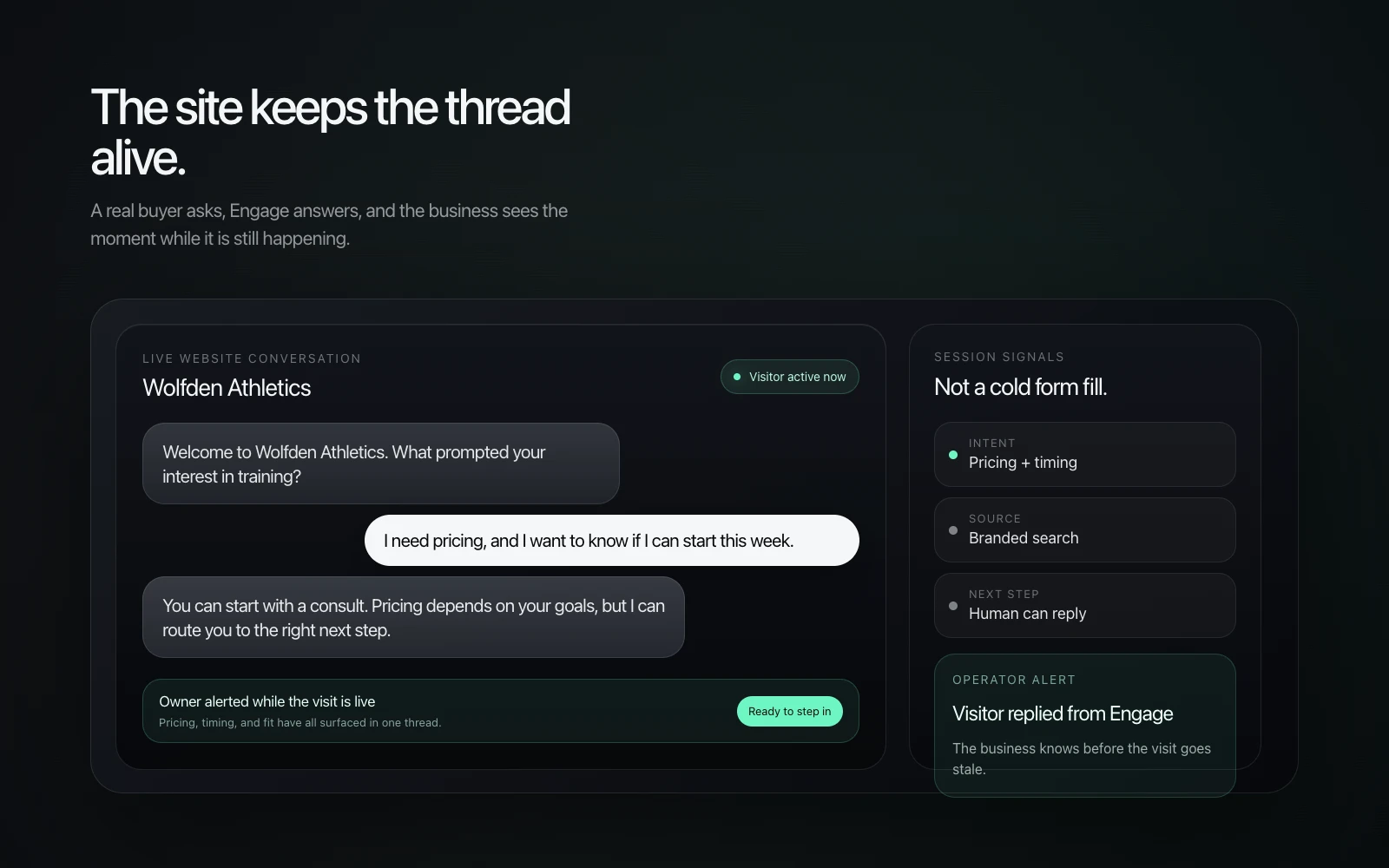 Website conversation showing an active high-intent visitor and Engage response.